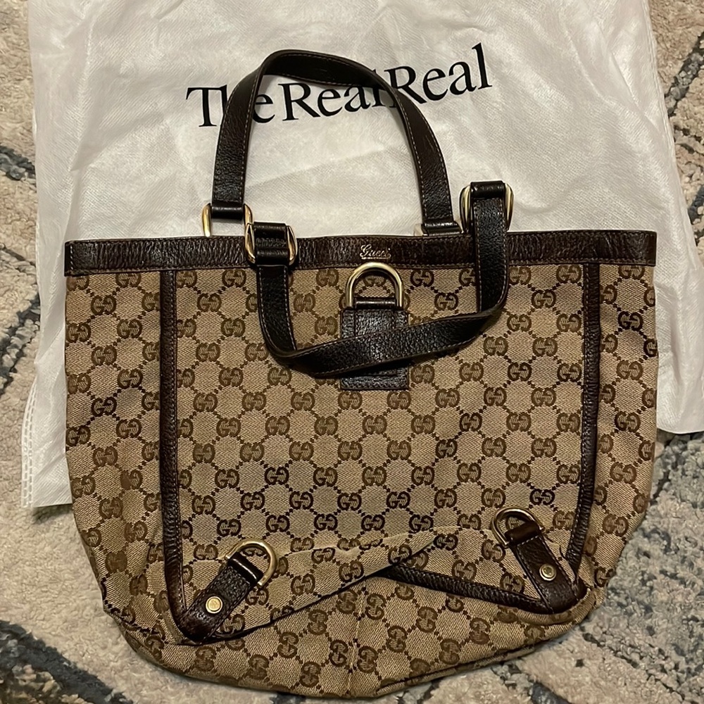Gucci GG Canvas Leather Handbag Tote Brown